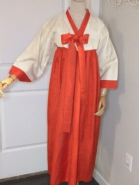 Vintage Silk Orange Ivory Korean Hanbok Dress & Jacket Traditional Wear SZ Small